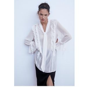 NWT ZARA Tied Ruffled Blouse Oyster White S